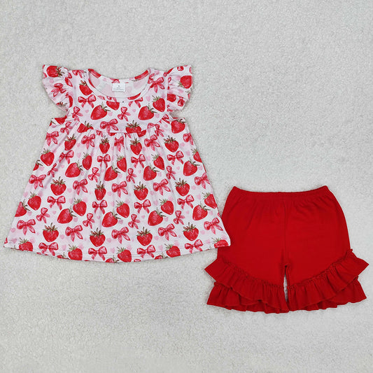 Baby Girls Clothes Strawberry Bows Tunic Ruffle Shorts Clothes Sets GSSO1902