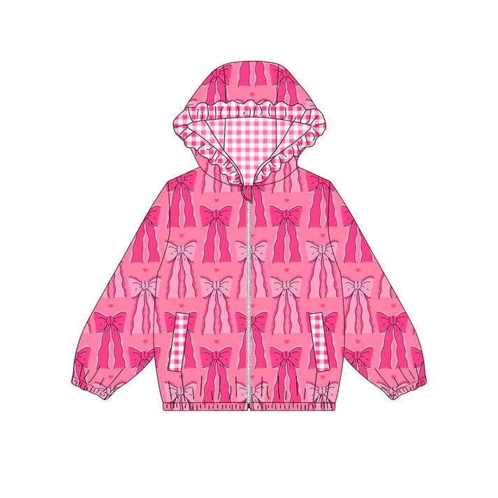 Preorder (moq 5)Baby Girls Hot Pink Bows Pockets Zipper Valentine Ruffle Hoodies Top 9.3
