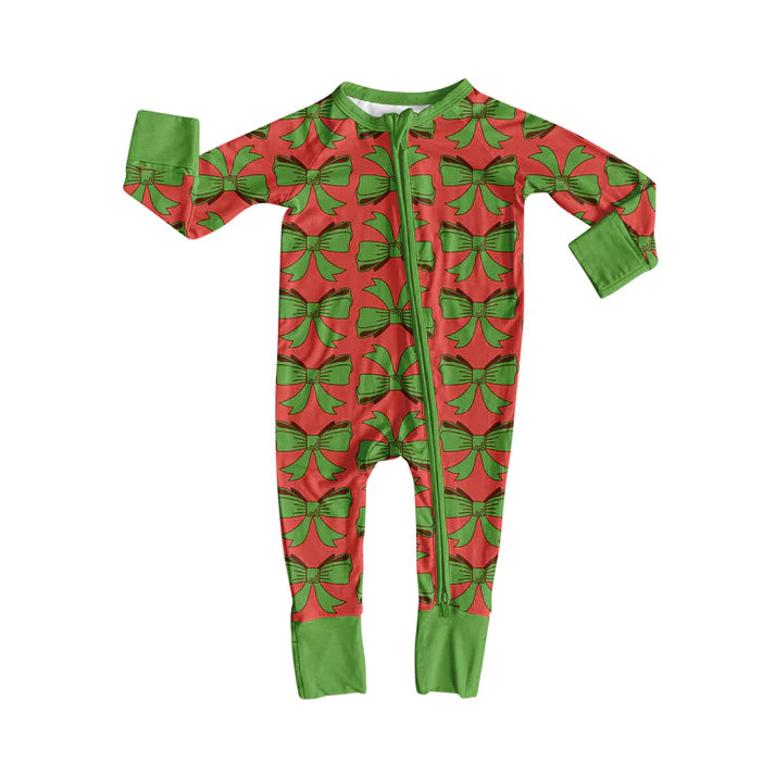Preorder(moq 5)Baby Infant Boys Green Bows Plaid Christmas Zipper Rompers 8.4