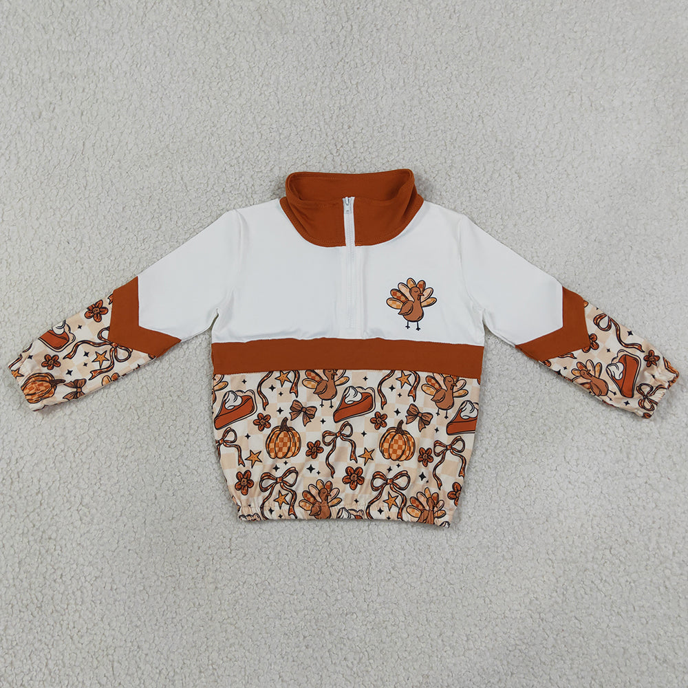 Baby Girls Clothes Turkey Bows Pumpkins Thanksgiving Zip Pullovers Top GT1723
