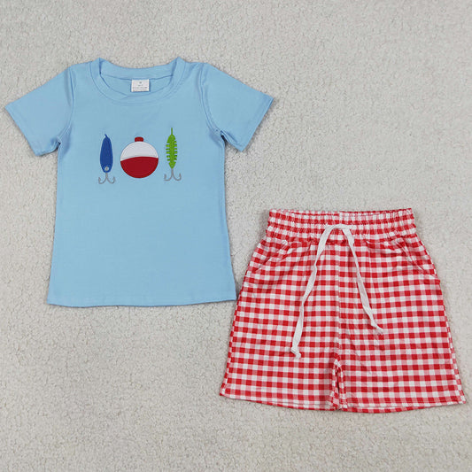 Baby Boys Clothes Embroidery Fishing Top Checked Pockets Shorts Hunting Clothes Sets BSSO1699