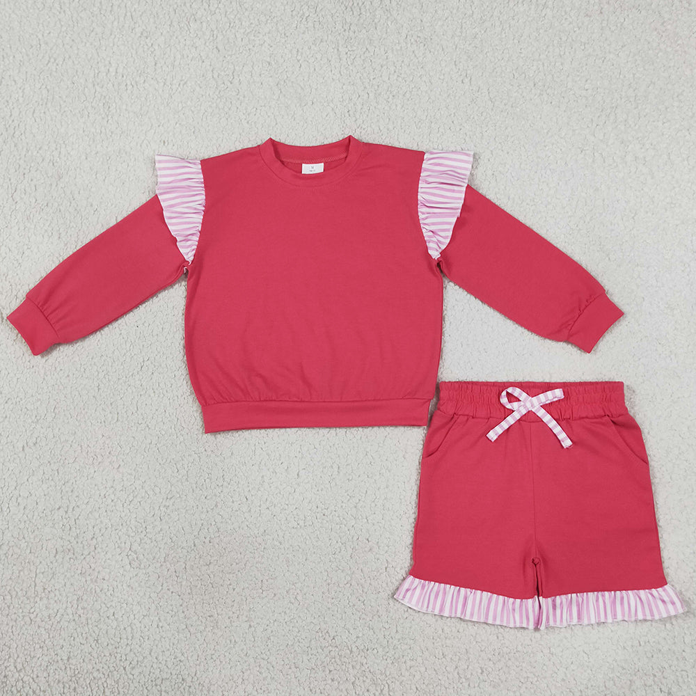 Baby Girls Clothes Watermelon Red Stripe Flutter Sleeve Top Pockets Ruffle Short Clothes Sets GLS0221