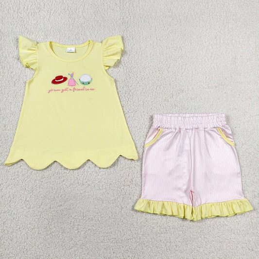 Baby Girls Clothes Embroidery Got a Friend Scallop Tunic Stripe Pockets Short Clothes Sets GSSO3495