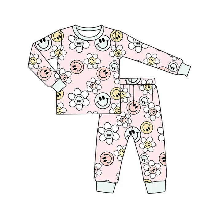 Preorder (moq 5)Baby Girls Pink Long Sleeves Smiles Flowers Top Pant Pajamas Sets 5.16