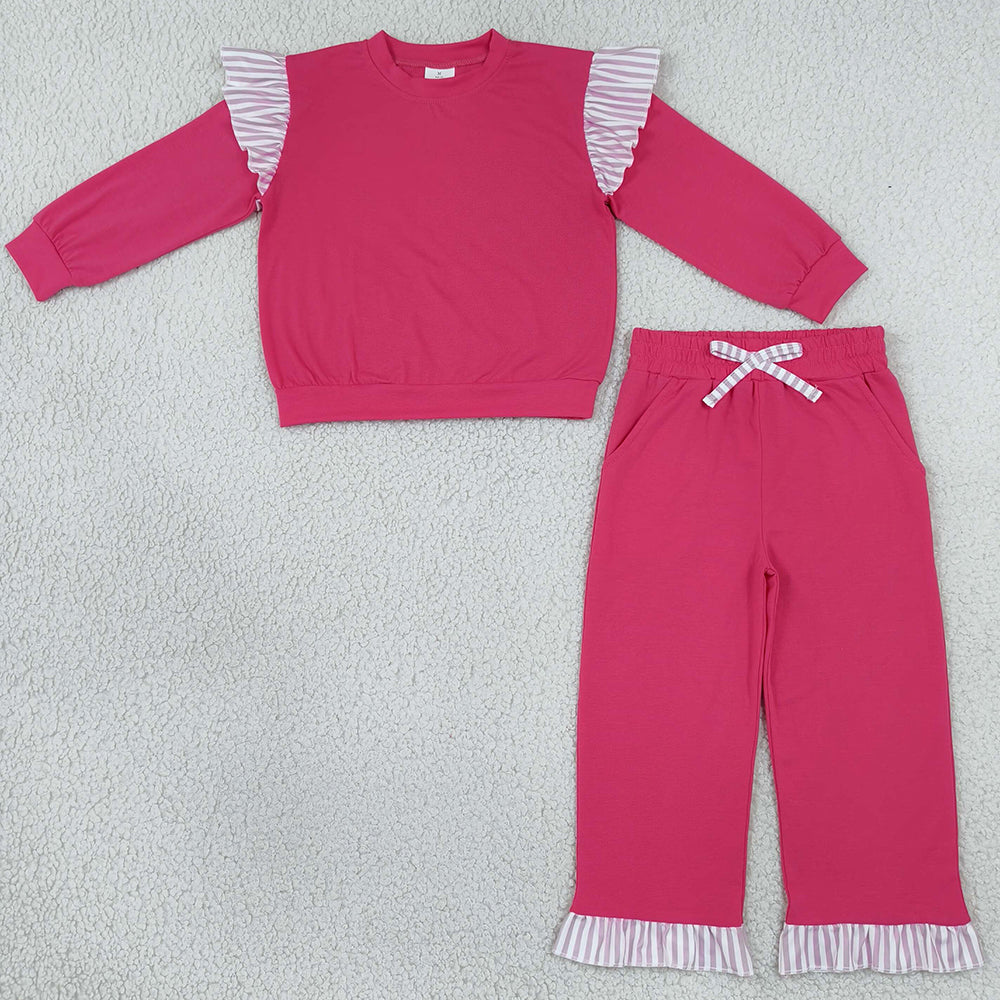 Baby Girls Clothes Watermelon Red Stripe Shirt Top Pockets Ruffle Pant Clothes Set GLP3701