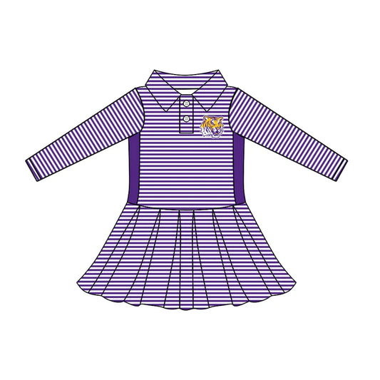 Preorder (moq 5)Baby Girls Long Sleeve Stripe Button LSU Tiger Team Knee Length Dresses 7.22