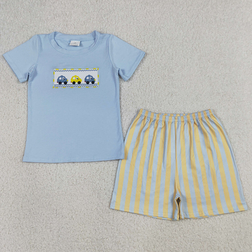 Baby Boys Clothes Embroidery Cars Blue Shirt Top Stripe Shorts Clothes Sets BSSO0617
