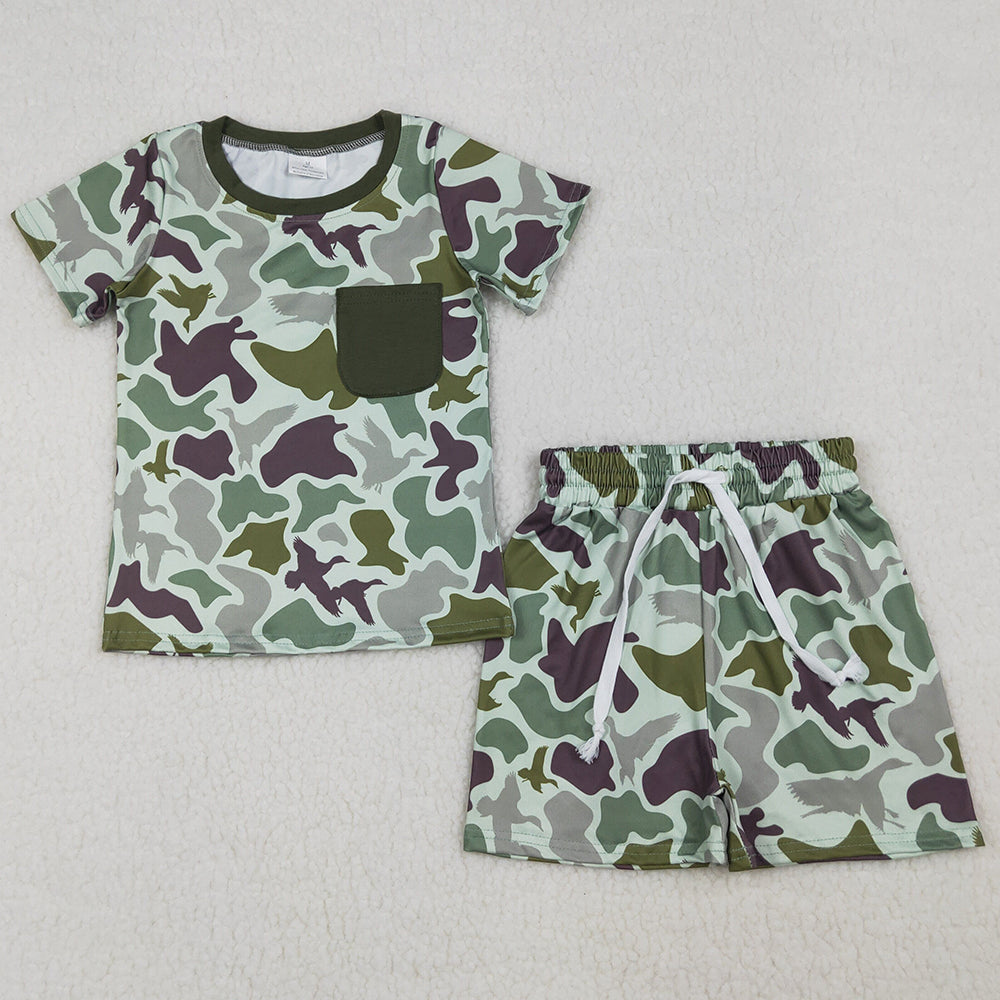 Baby Boys Clothes Southern Green Ducks Camo Pocket Top Shorts Hunting Clothes Sets BSSO1793