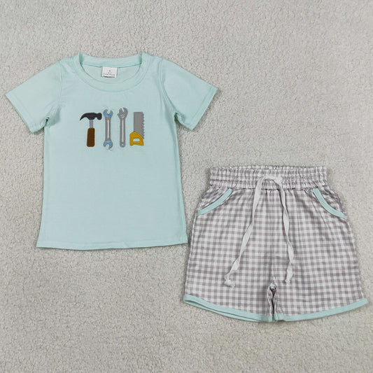 Baby Boys Clothes Embroidery Tools Top Checked Pockets Shorts Clothes Sets BSSO1666