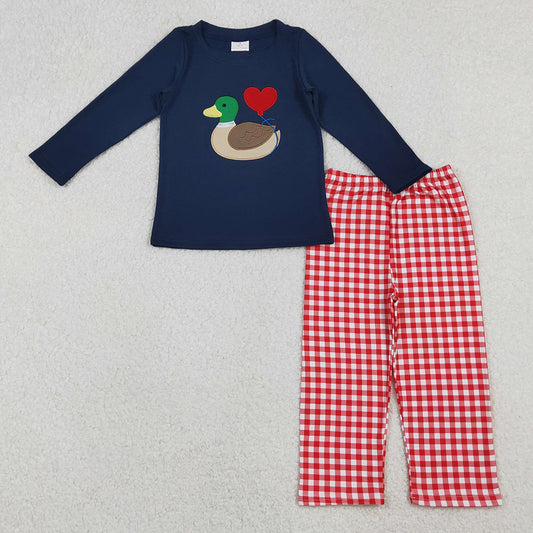 Baby Boys Clothes Embroidery Heart Ducks Navy Tunic Red Checked Pants Valentine Clothes Sets GLP2912 BLP1304 11.1