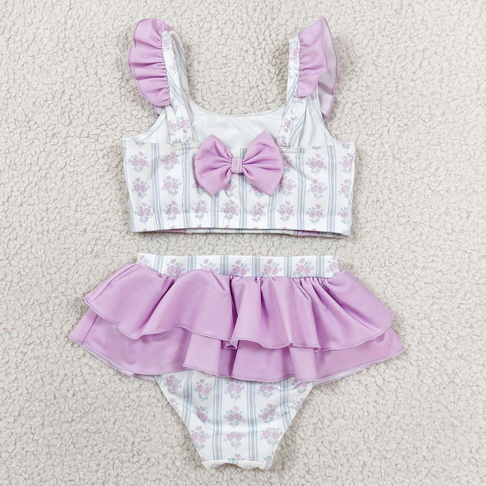 Baby Girls Swimsuits Flowers Stripe Back Bows Top Bummies 2 Piece Swimsuits S0644
