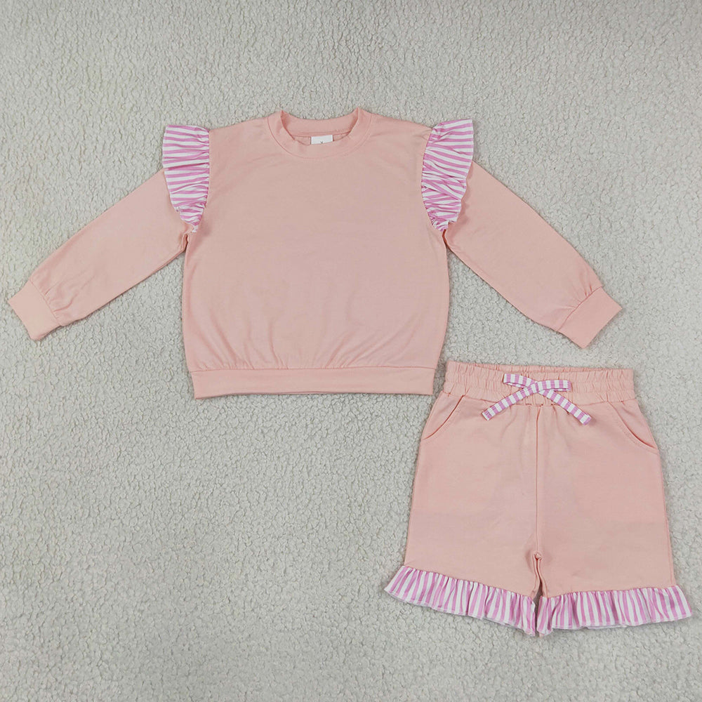 Baby Girls Light Pink Stripe Flutter Sleeve Top Pockets Ruffle Short Clothes Set GLS0222