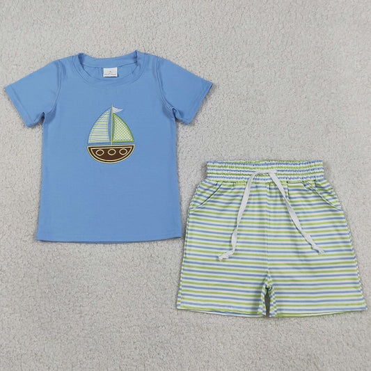 Baby Boys Clothes Embroidery Boats Blue Shirts Top Stripe Pockets Shorts Clothes Sets BSSO1860