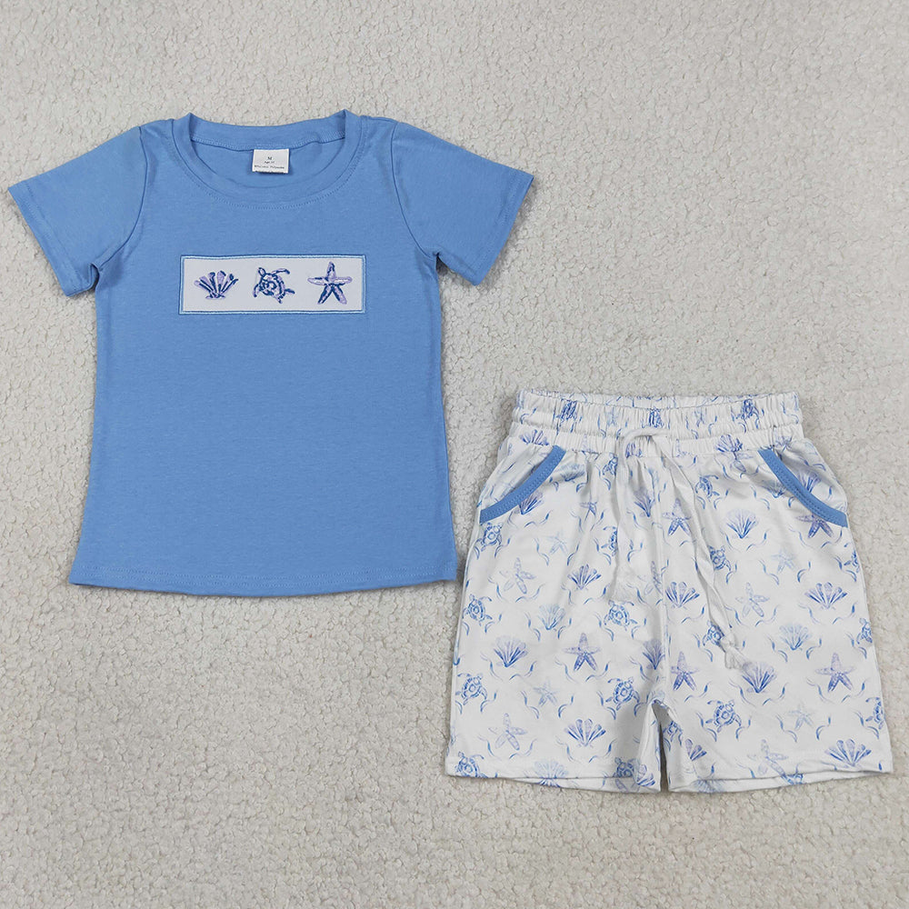 Baby Boys Clothes Embroidery Shell Starfishes Shirt Top Pockets Short Clothes Sets BSSO1979