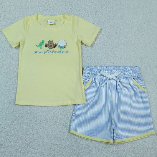 Baby Boys Clothes Embroidery Dinosaur Hats Tops Pockets Stripe Short Clothes Sets BSSO1968
