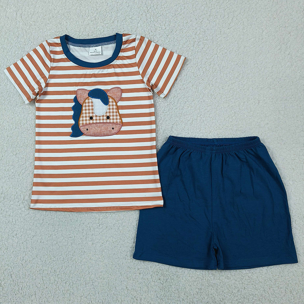 Baby Boys Clothes Embroidery Horse Stripe Top Shorts Western Farm Clothes Sets BSSO0380