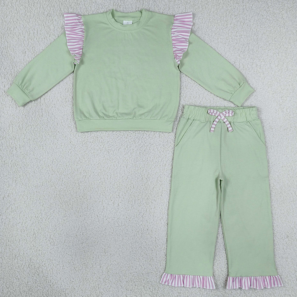 Baby Girls Clothes Light Green Stripe Flutter Sleeve Top Pockets Ruffle Pant Clothes Sets GLP3700