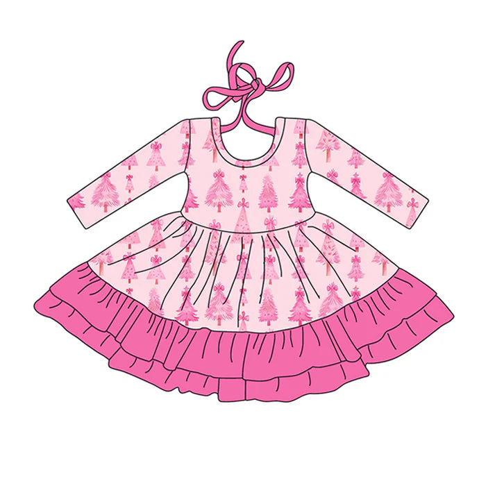 Preorder (moq 5)Baby Girls Long Sleeves Pink Bows Christmas Trees Ruffle Knee Length Dress 7.26