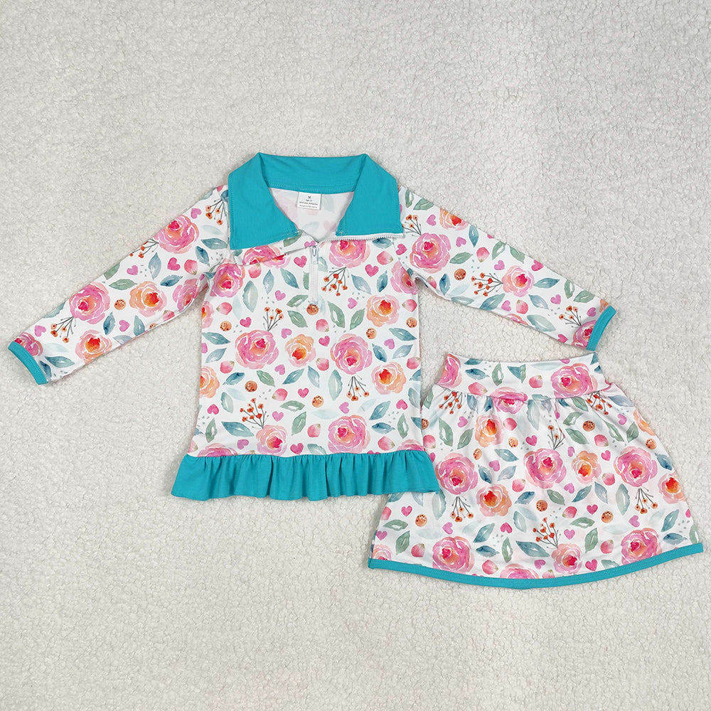 Baby Girls Clothes Yoga Blue Flowers Jacket Skorts 2pcs Sets GLD1009