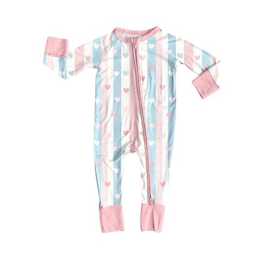 Preorder (moq 5)Baby Girls Pink Blue Stripe Hearts Valentine Zipper Footie Rompers 10.24