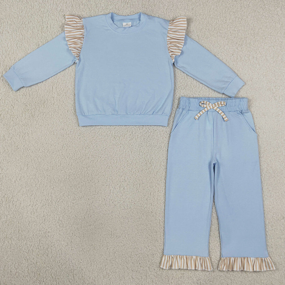 Baby Girls Clothes Light Blue Stripe Flutter Sleeve Top Pockets Ruffle Pant Clothes Set GLP3696