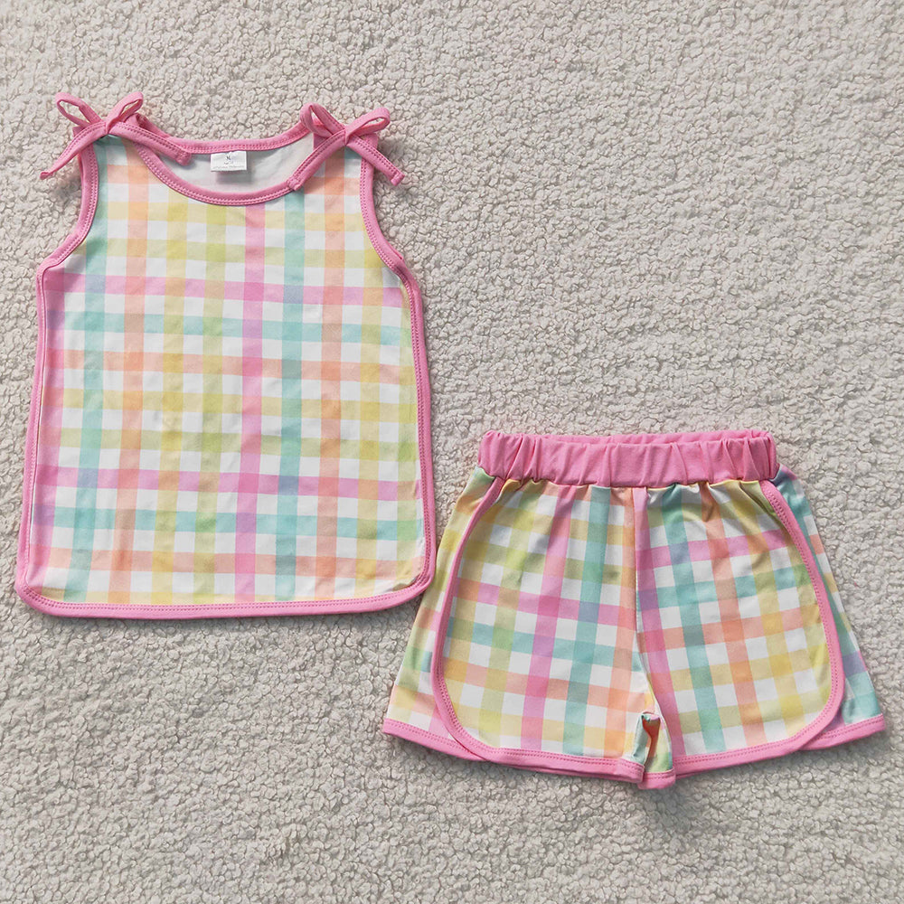 Baby Girls Clothes Sleeveless Colorful Checked Shirt Top Short Clothes Set GSSO3659