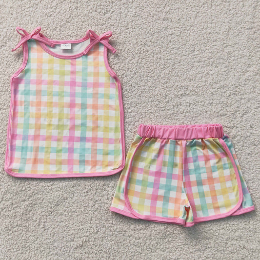 Baby Girls Clothes Sleeveless Colorful Checked Shirt Top Short Clothes Set GSSO3659