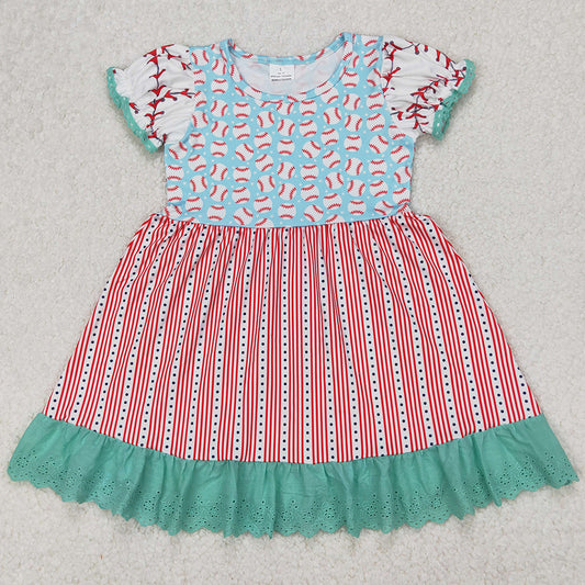 Baby Girls Dress Baseball Short Sleeve Ruffle Knee Length Dresses GSD1749