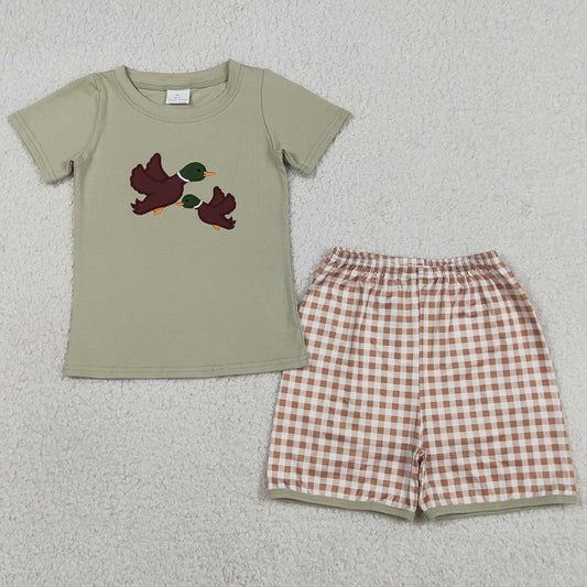 Baby Boys Clothes Embroidery Ducks Tops Checked Shorts Hunting Clothes Sets BSSO1867