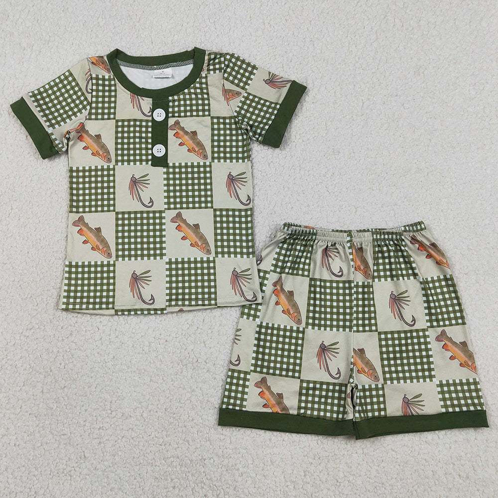 Baby Boys ClothesOlive Checked Fishing Button Top Shorts Hunting Sleepwear Sets BSSO1817