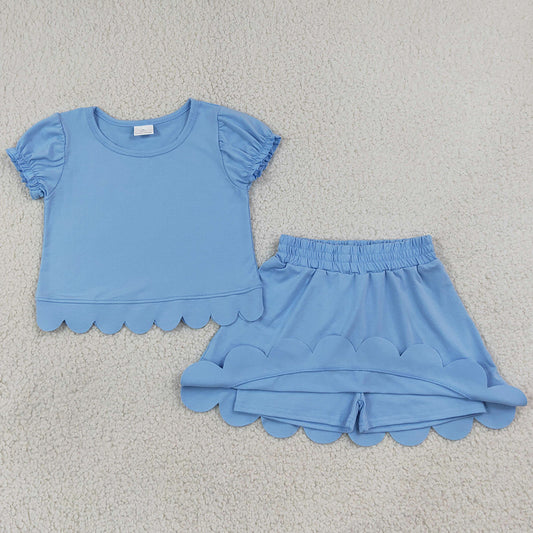 Baby Girls Clothes Blue Short Ruffle Sleeve Tops Skirt Short Scallop Clothes Sets GSD3933
