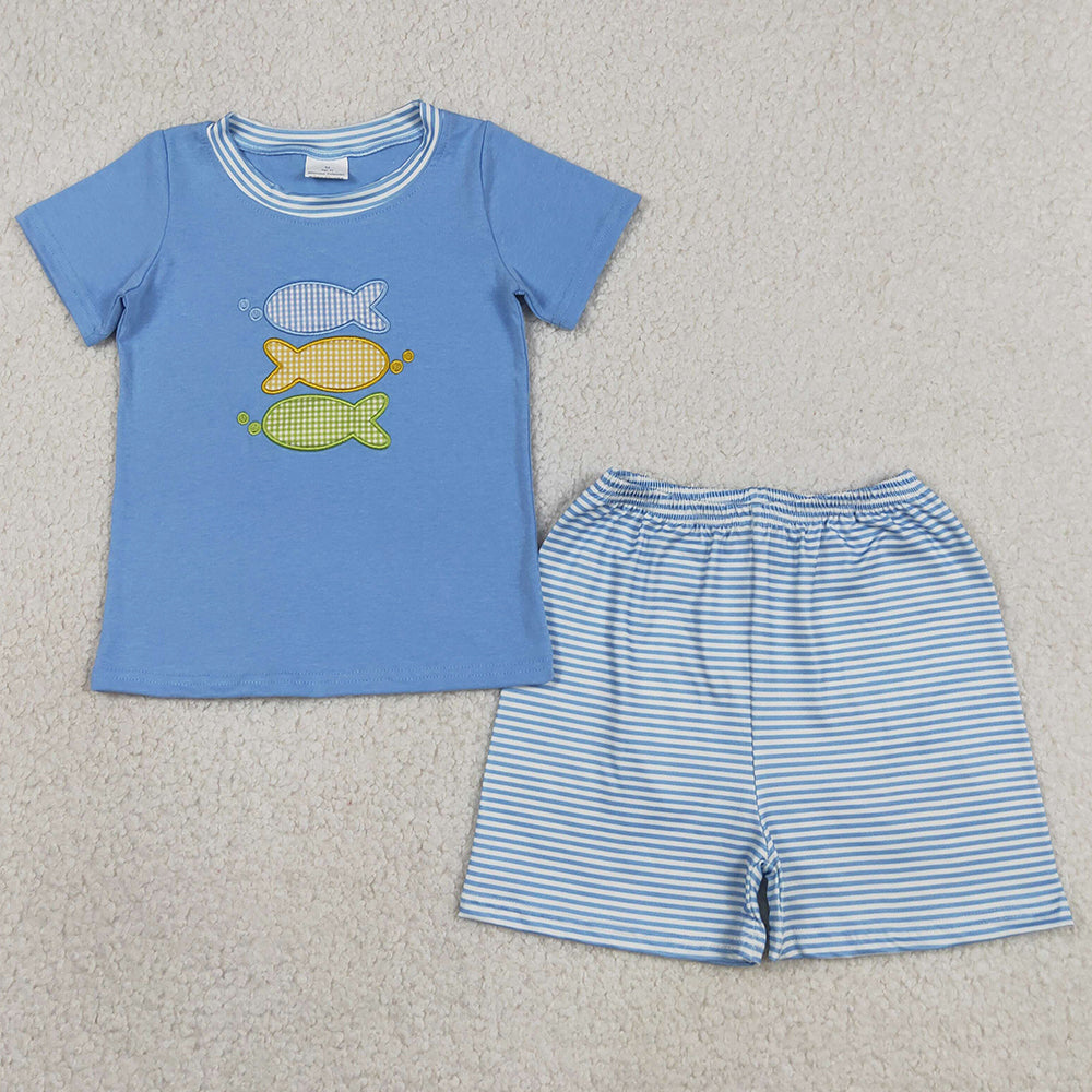Baby Boys Clothes Embroidery Fishes Top Stripe Shorts Hunting Clothes Sets BSSO1905