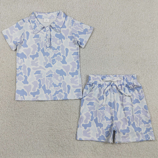 Baby Boys Clothes Southern Light Grey Camo Buttons Polo Top Pockets Shorts Clothes Sets BSSO2036