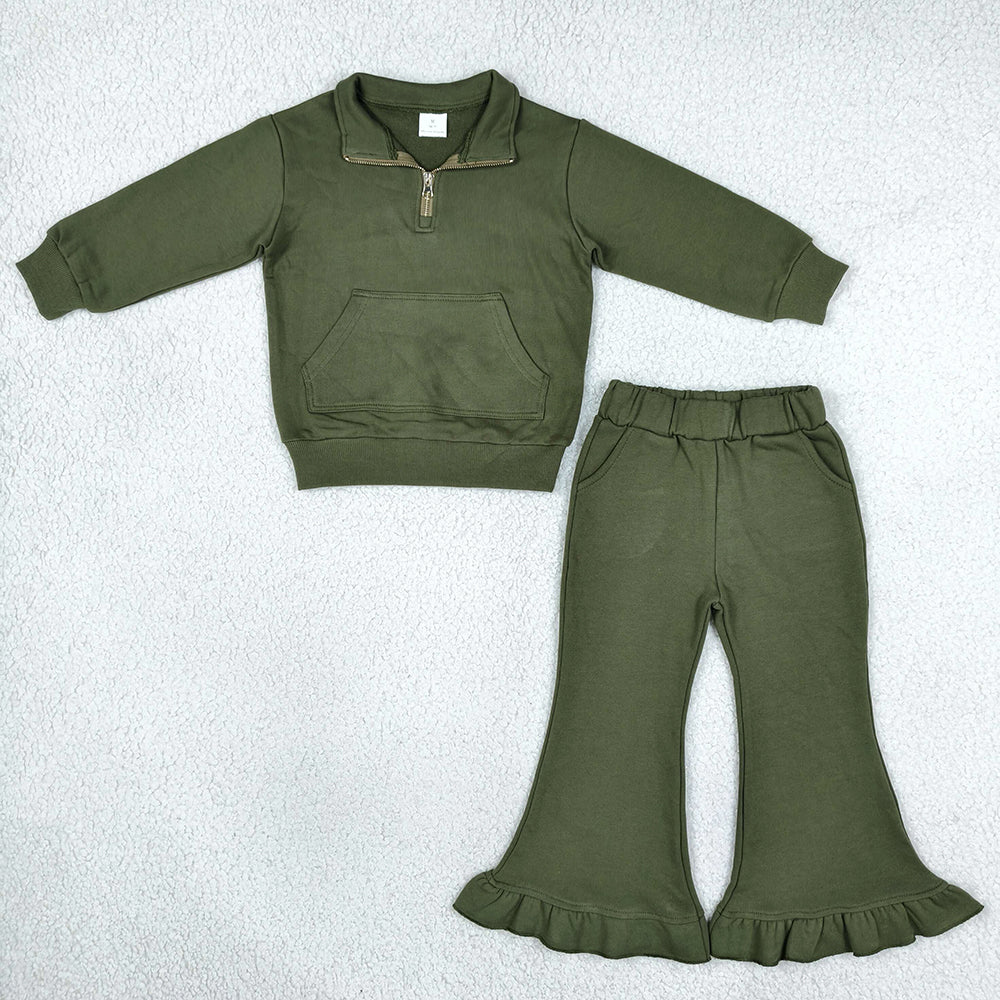 Baby Girls Clothes Olive Zip Pockets Top Ruffle Flare Pant Sweater Clothes Set GLP3492