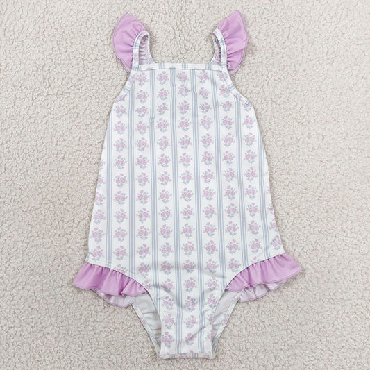 Baby Girls Swimsuits Flutter Sleeve Flowers Back Bows One-Piece Swimsuits S0643