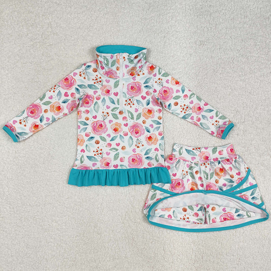 Baby Girls Clothes Yoga Blue Flowers Jacket Skorts 2pcs Sets GLD1009