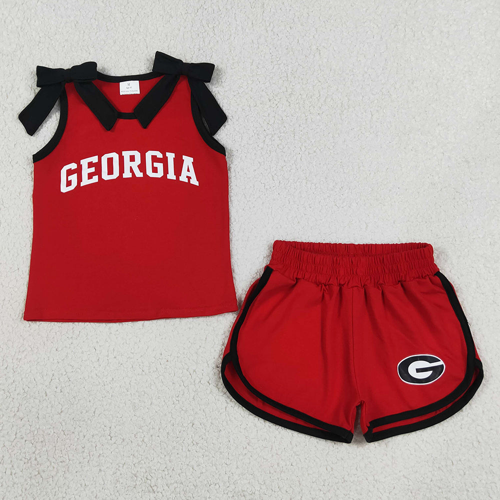 Baby Girls Clothes Black Bows Red Vinyl Georgia Top Short Team Clothes Sets GSSO3834