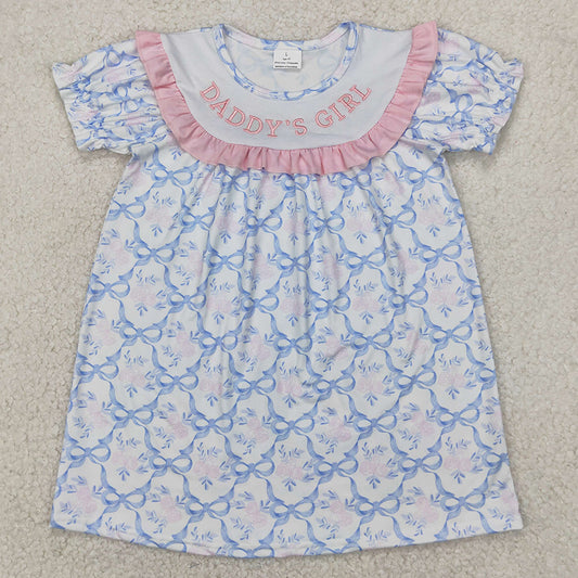 Baby Girls Dress Blue Bows DADDY'S GIRL Embroidery Knee Length Dresses GSD2226