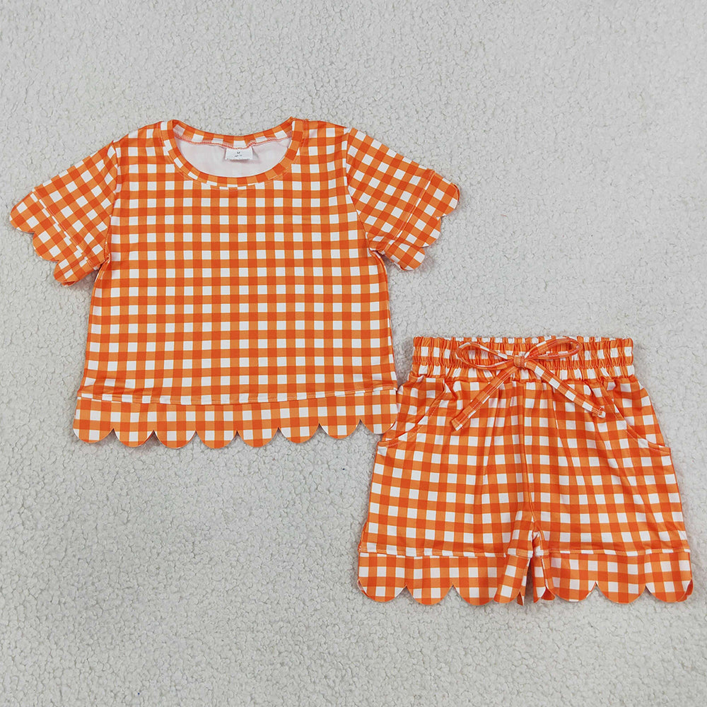 Baby Girls Orange Checked Shirt Top Pockets Short Scallop Clothes Set GSSO3839