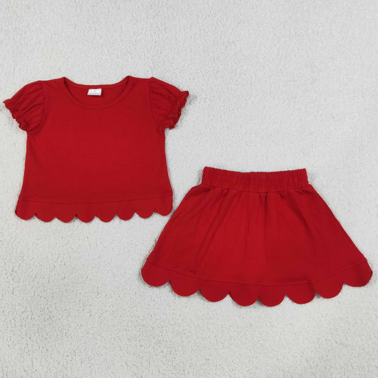 Baby Girls Red Short Ruffle Sleeve Top Skirt Short Scallop Clothes Sets GSD3938