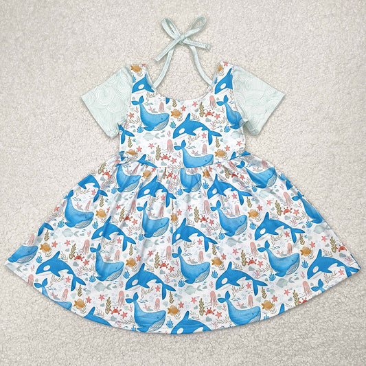 Baby Girls Dress Blue Whale Short Sleeve Knee Length Dresses GSD2011 4.9