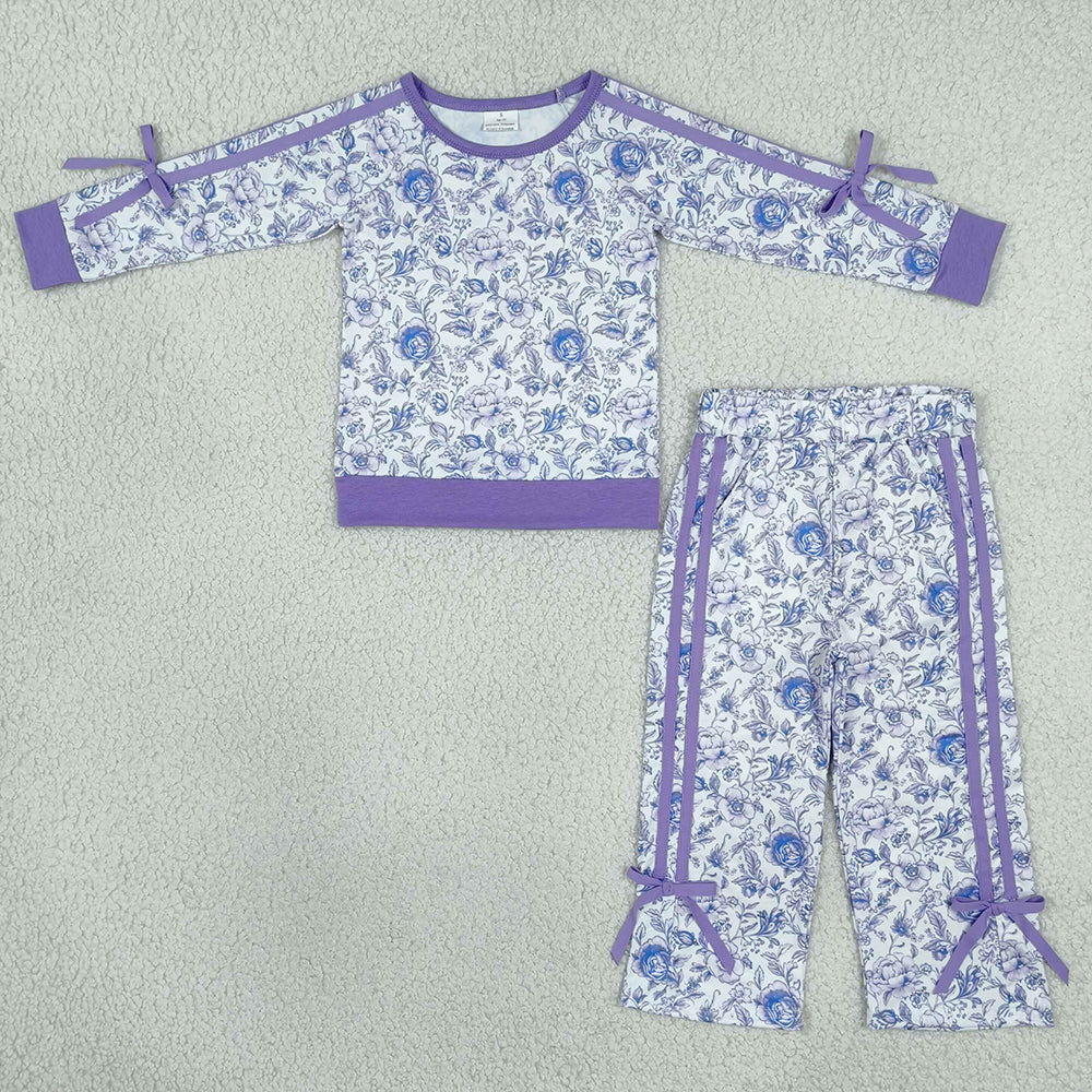 Baby Girls Clothes Purple Flowers Top Pockets Flare Pant Fall Clothes Sets GLP3365