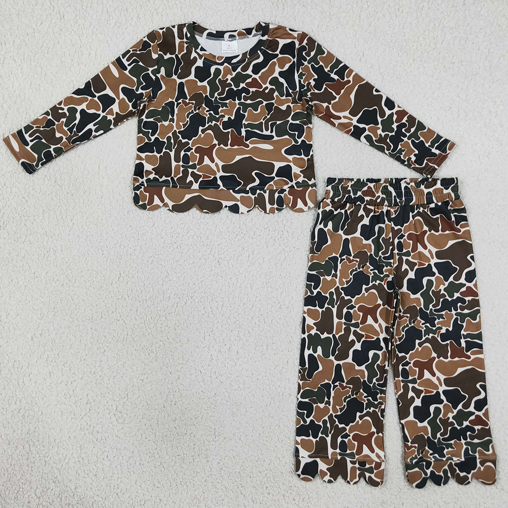 Baby Girls Clothes Dark Brown Camo Top Flare Pant Scallop Clothes Set GLP3662