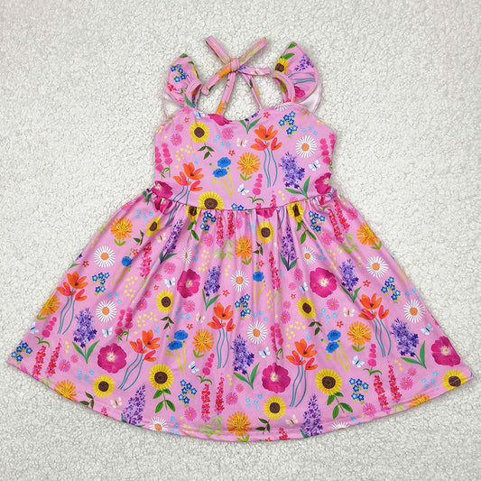 Baby Girls Dress Flutter Sleeves Pink Floral Backless Bow Knee Length Dresses GSD2208 4.9