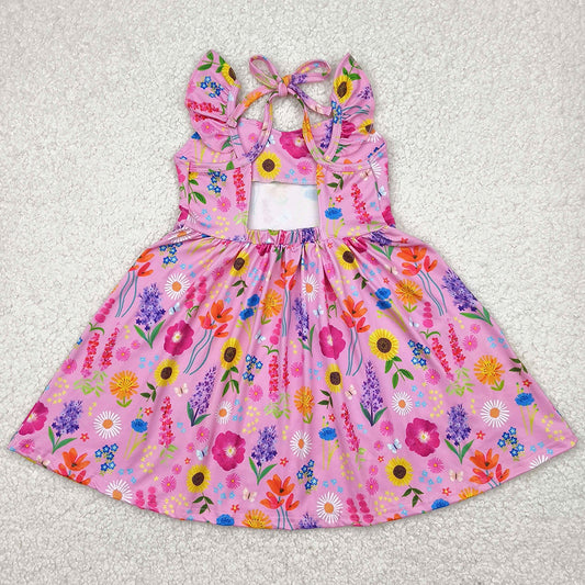 Baby Girls Dress Flutter Sleeves Pink Floral Backless Bow Knee Length Dresses GSD2208 4.9