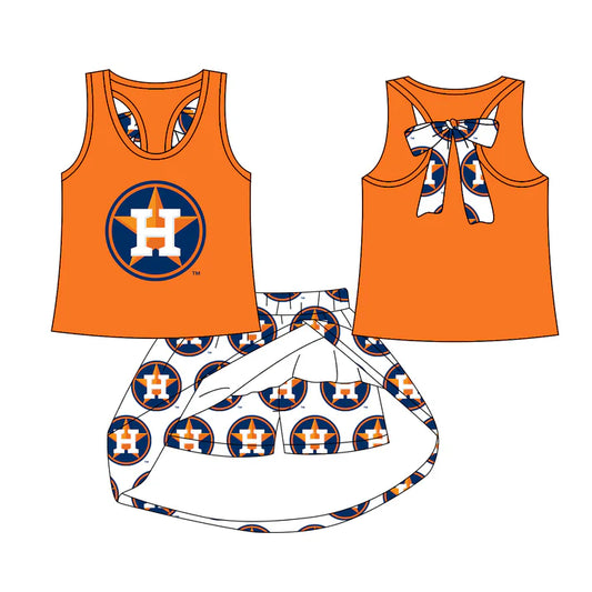 Preorder (moq 5)Baby Girls Huston bow vest team Top Skirt Skort Sets 7.21