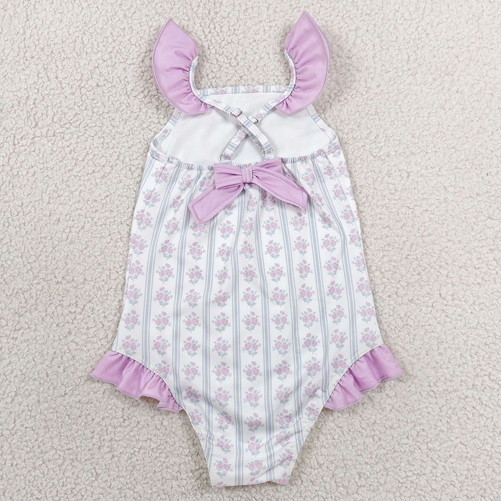 Baby Girls Swimsuits Flutter Sleeve Flowers Back Bows One-Piece Swimsuits S0643