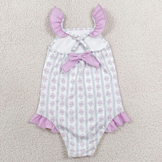 Baby Girls Swimsuits Flutter Sleeve Flowers Back Bows One-Piece Swimsuits S0643