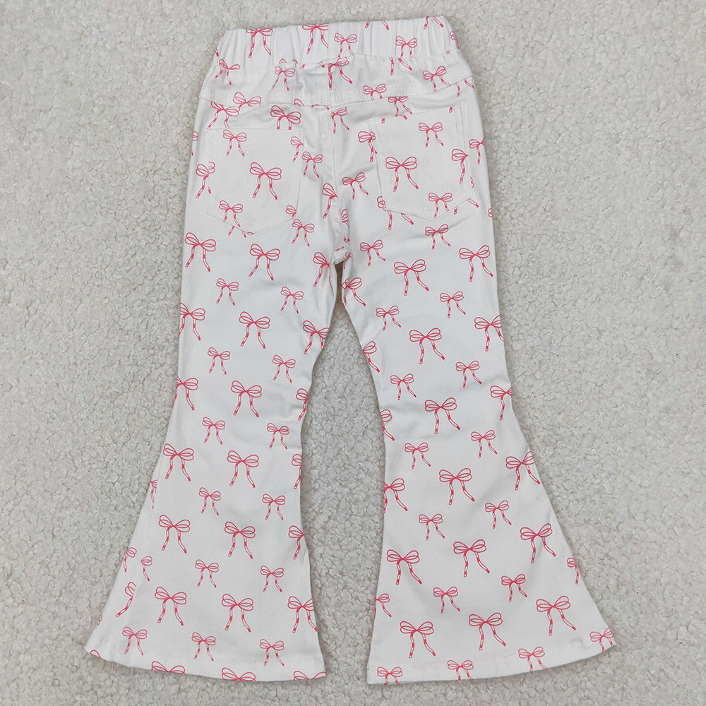 Baby Girls Denim Pants Pink Cute Bows Denim Flare Pants Jeans P0732