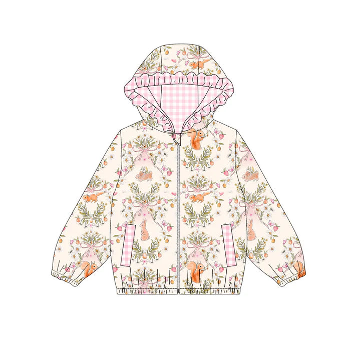 Preorder (moq 8)Baby Girls Flowers Rabbits Squirrels Pockets Zipper Easter Ruffle Hoodies Jackets Top 9.12